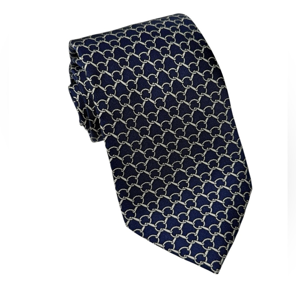 J McLaughlin Neck Tie Silk Chain Link Print Blue Silver Career Business